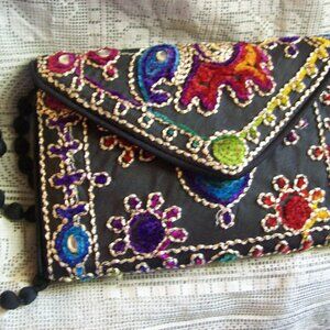 Embroidered Multi-Colored Threads on Black Shoulder Bag